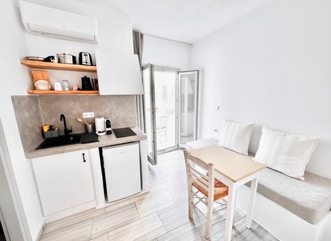 Kitchenette with sink, hob, fridge, kettle and toaster beside a dining table and sofa