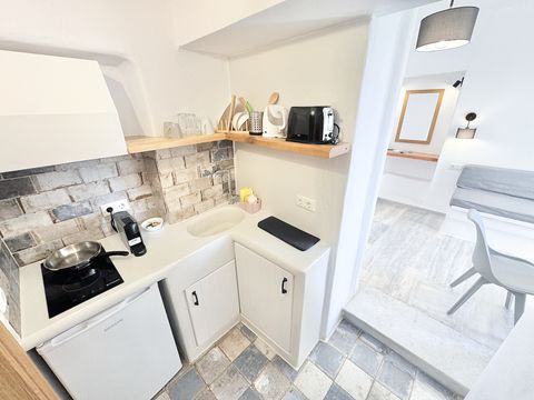 Kitchenette with hob, sink, small fridge, kettle and open wooden shelves