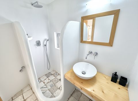 Curved walk-in shower with patterned floor tiles and vessel basin on a wooden counter