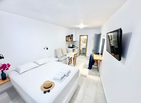 Long studio with double bed, sofa, dining table, desk and wall-mounted TV